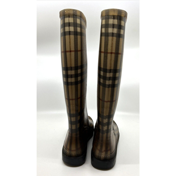 Burberry Rubber Rain Boots Women's Knee High Sz 7 Brown Novacheck Print Italy - Picture 7 of 9